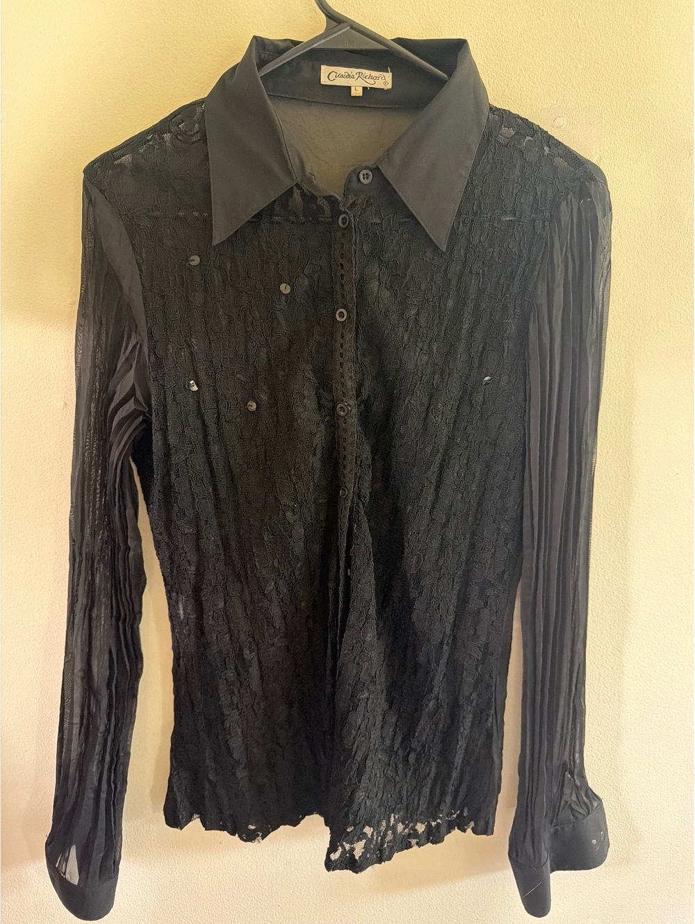 Claudia Richard Button Up Lace Sheer Black Lace Shirt Size M